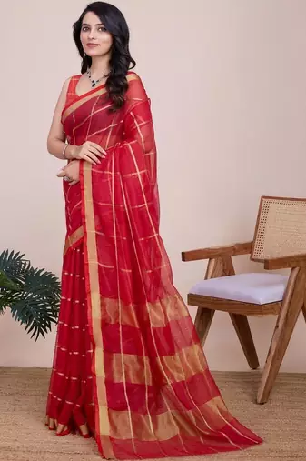 Red silk blend checked saree with blouse