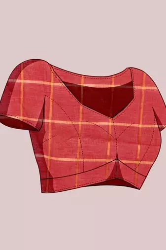 Red silk blend checked saree with blouse
