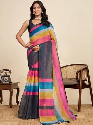 Multicolor linen striped saree with blouse 1