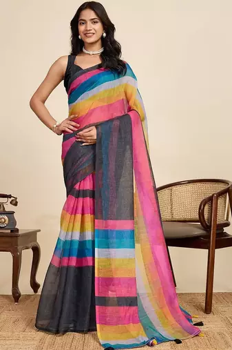 Multicolor linen striped saree with blouse