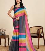Multicolor linen striped saree with blouse