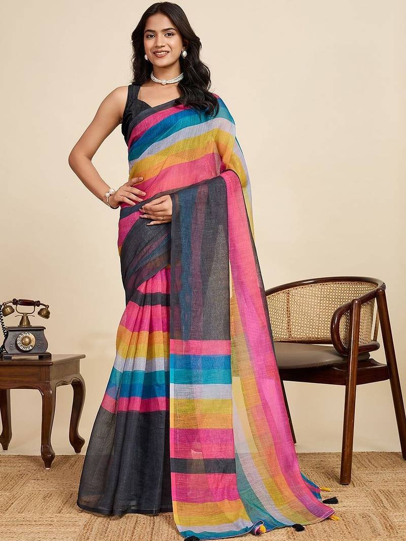 Multicolor linen striped saree with blouse