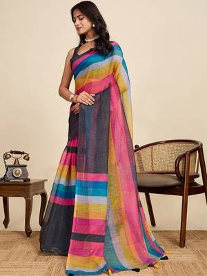 Multicolor linen striped saree with blouse 3