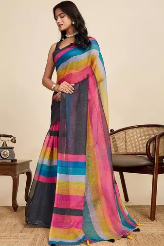Multicolor linen striped saree with blouse