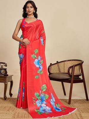 Red silk blend printed saree with blouse 1