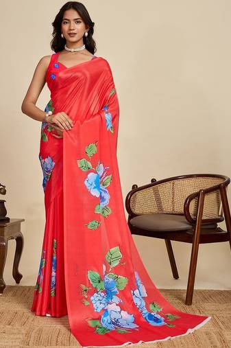 Red silk blend printed saree with blouse