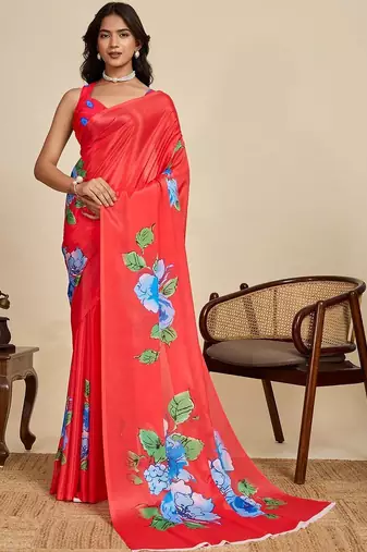 Red silk blend printed saree with blouse