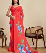 Red silk blend printed saree with blouse