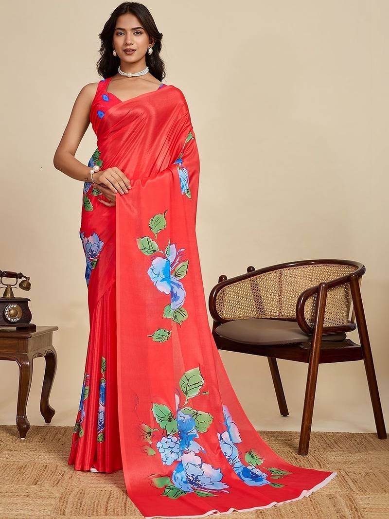 Red silk blend printed saree with blouse