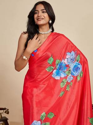 Red silk blend printed saree with blouse 2