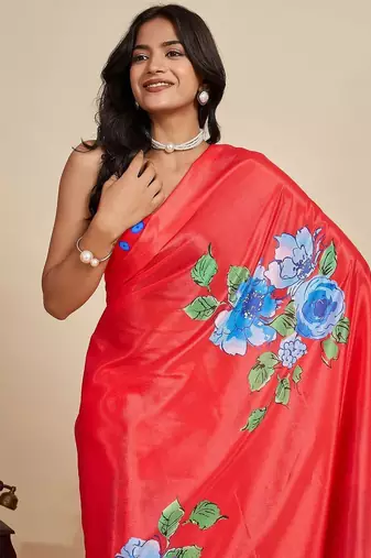 Red silk blend printed saree with blouse