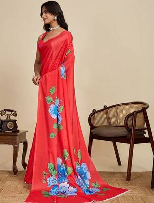 Red silk blend printed saree with blouse 3