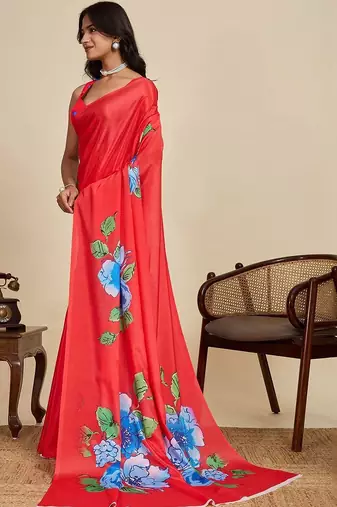 Red silk blend printed saree with blouse