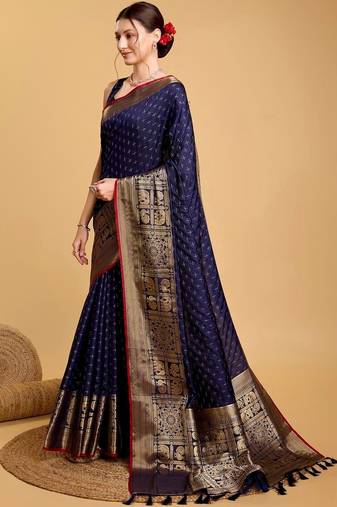 Navy blue silk blend woven design saree with blouse
