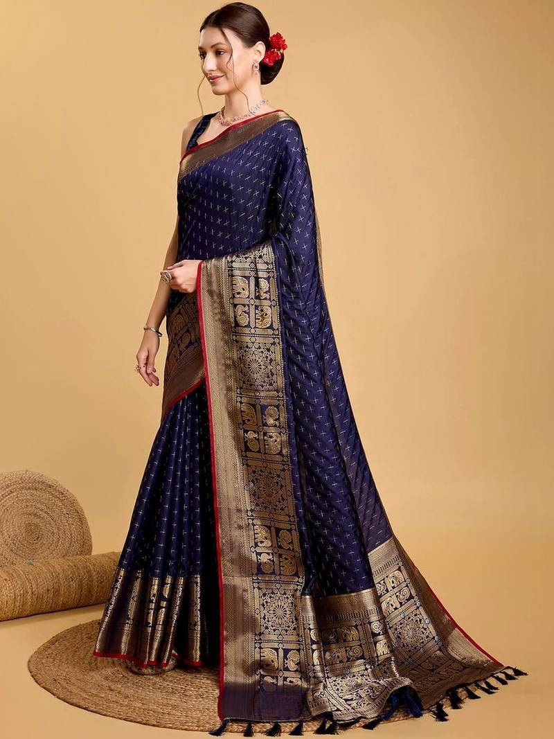 Navy blue silk blend woven design saree with blouse