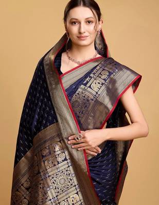 Navy blue silk blend woven design saree with blouse 2