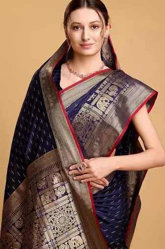 Navy blue silk blend woven design saree with blouse