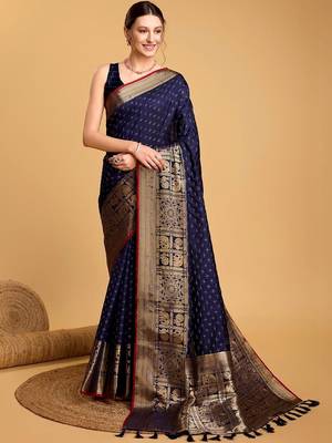 Navy blue silk blend woven design saree with blouse 3