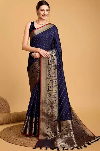 Navy blue silk blend woven design saree with blouse