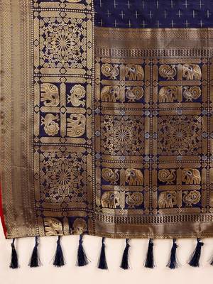 Navy blue silk blend woven design saree with blouse 4