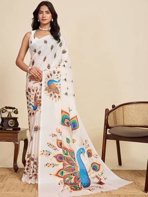 White silk blend printed saree with blouse 1