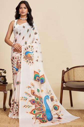 White silk blend printed saree with blouse
