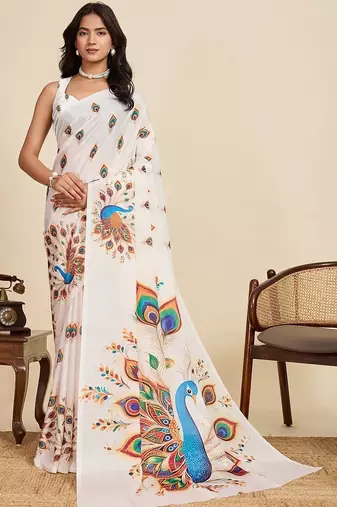 White silk blend printed saree with blouse