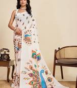 White silk blend printed saree with blouse