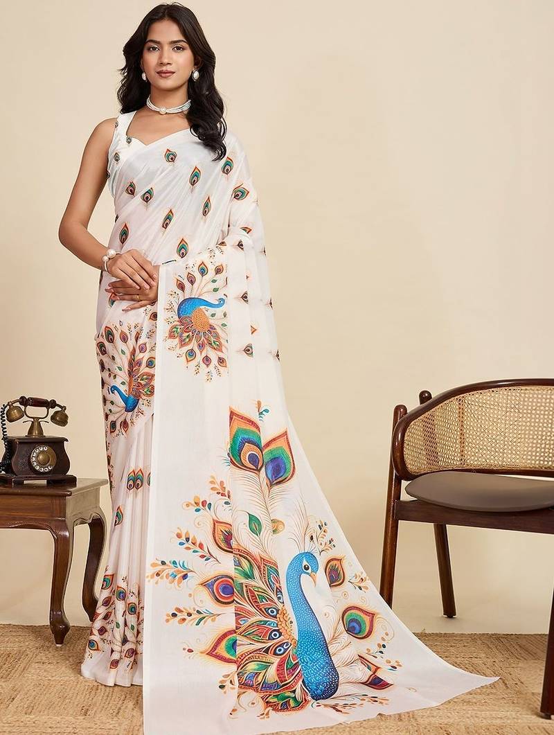 White silk blend printed saree with blouse