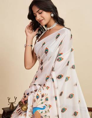 White silk blend printed saree with blouse 2