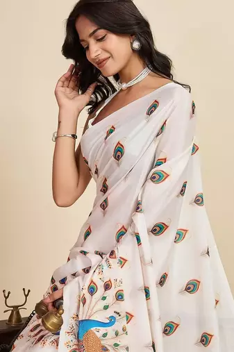 White silk blend printed saree with blouse