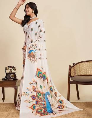 White silk blend printed saree with blouse 3