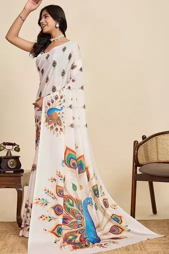 White silk blend printed saree with blouse