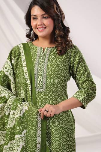 Women Bandhani Printed Regular Pure Cotton Kurta with Trousers & Dupatta