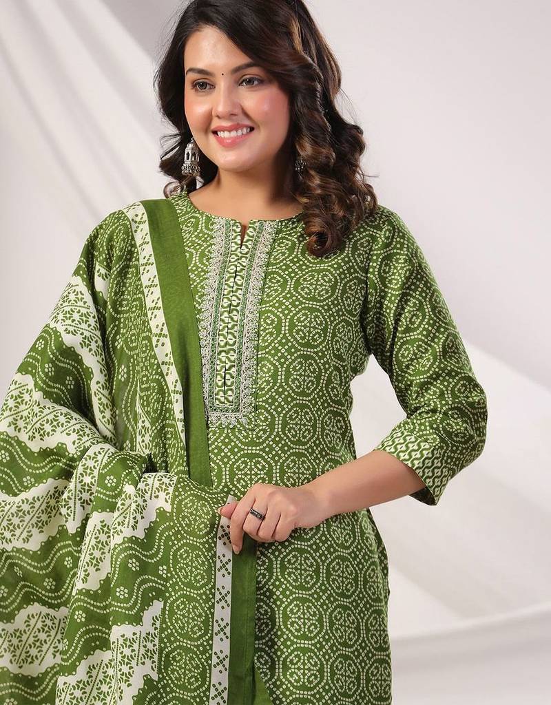 Women Bandhani Printed Regular Pure Cotton Kurta with Trousers & Dupatta