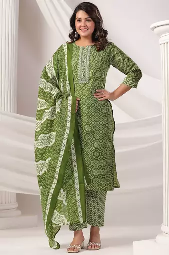 Women Bandhani Printed Regular Pure Cotton Kurta with Trousers & Dupatta