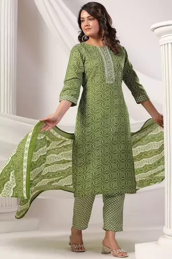 Women Bandhani Printed Regular Pure Cotton Kurta with Trousers & Dupatta