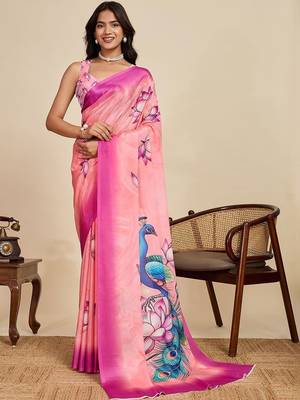 Pink silk blend printed saree with blouse 1