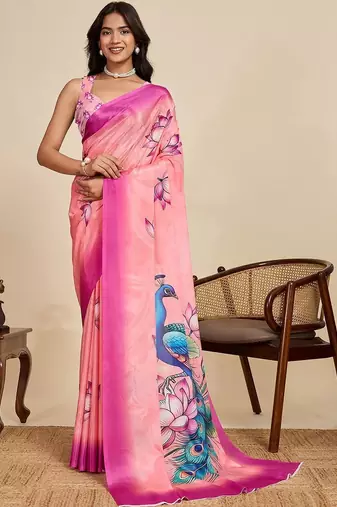 Pink silk blend printed saree with blouse