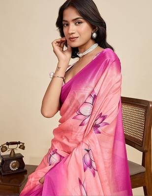 Pink silk blend printed saree with blouse 2