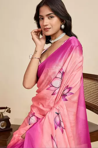 Pink silk blend printed saree with blouse