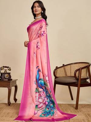 Pink silk blend printed saree with blouse 3