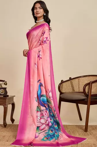 Pink silk blend printed saree with blouse