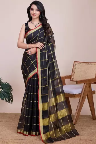 Black silk blend checked saree with blouse