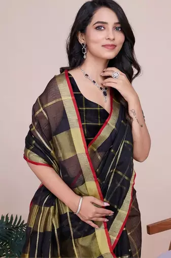 Black silk blend checked saree with blouse