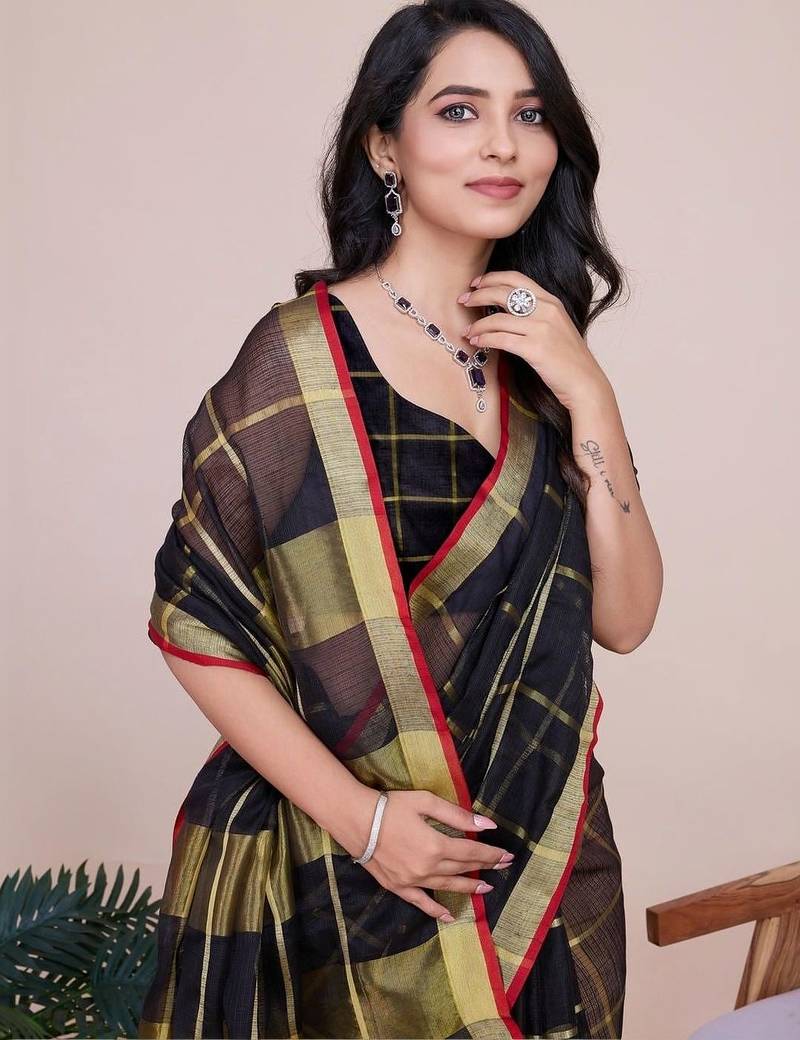 Black silk blend checked saree with blouse