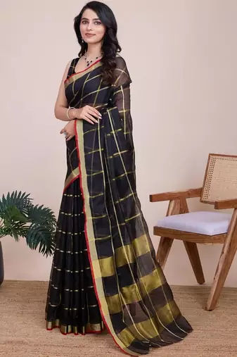 Black silk blend checked saree with blouse