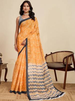 Orange linen printed saree with blouse 1