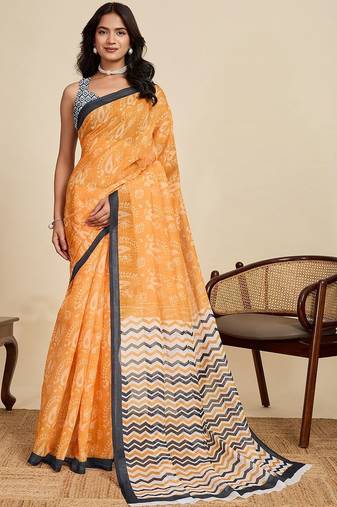 Orange linen printed saree with blouse