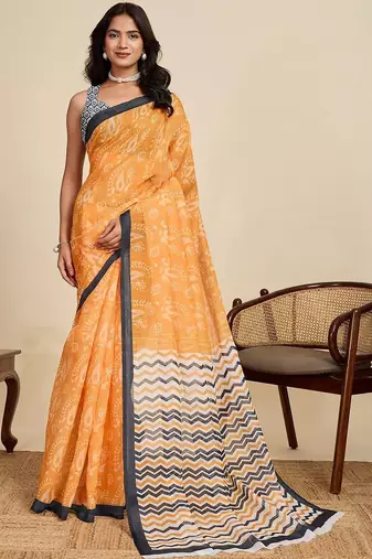 Orange linen printed saree with blouse